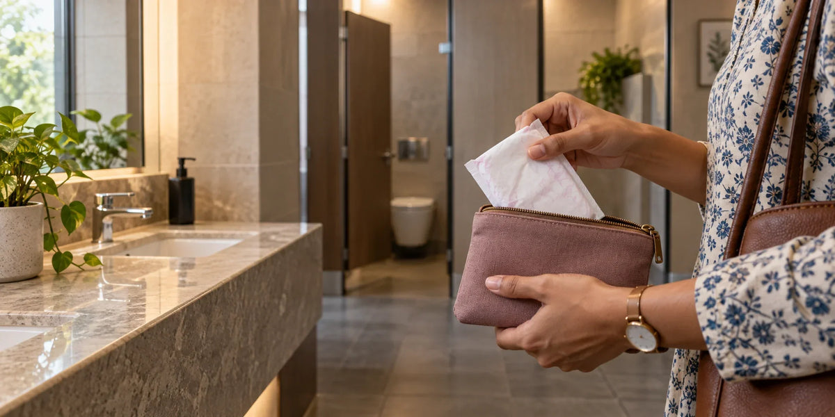 Woman retrieving a wrapped sanitary pad from a pouch in a clean public washroom
