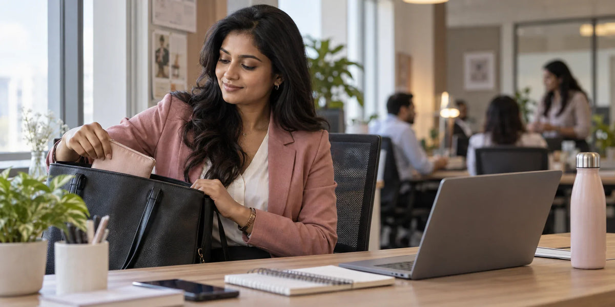 Indian professional placing a discreet hygiene pouch into her work bag at an office desk