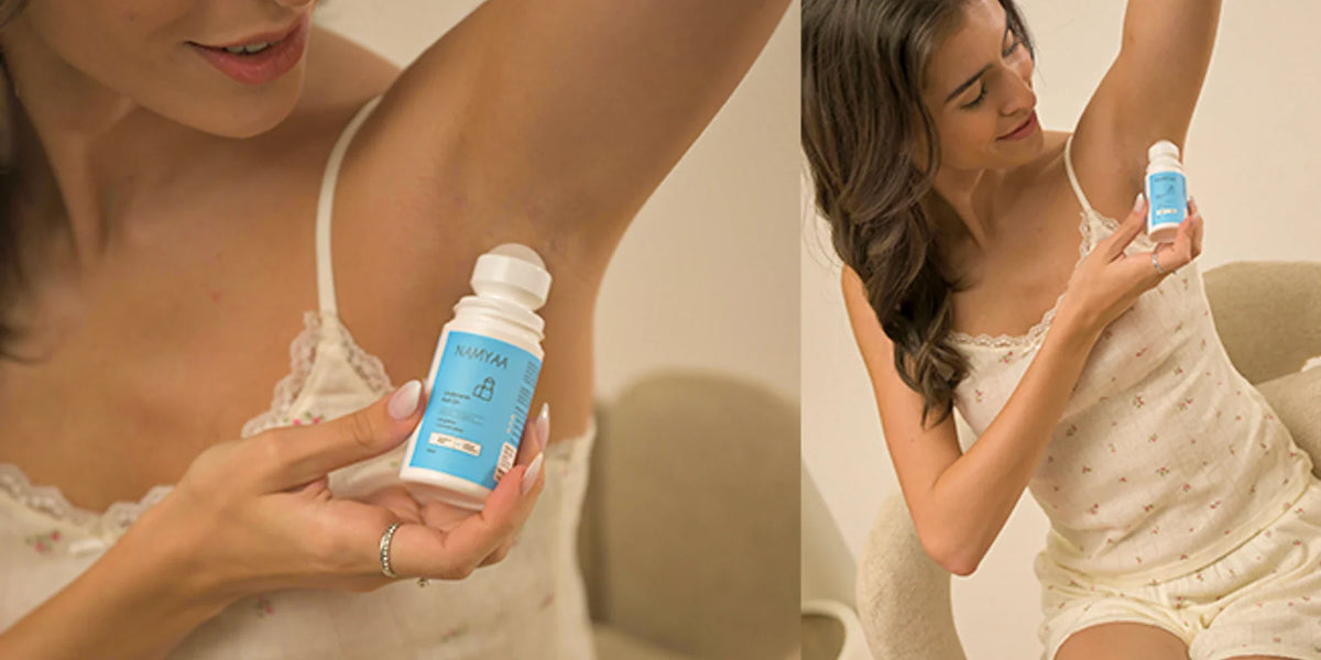Two lifestyle views of a woman holding and applying Namyaa Underarm Roll-On