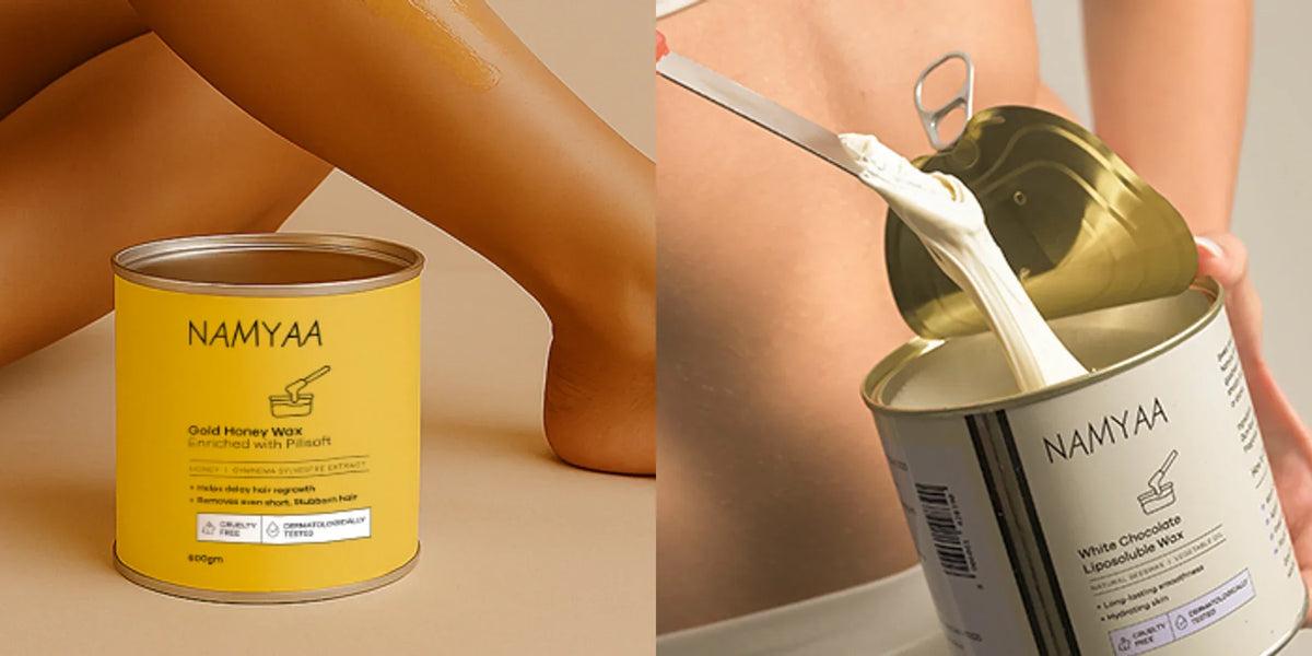 Namyaa Gold Honey Wax and White Chocolate Liposoluble Wax shown side by side