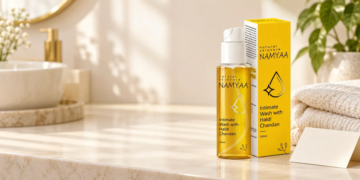 Namyaa intimate wash set aside beside a clean towel in a calm minimal bathroom scene