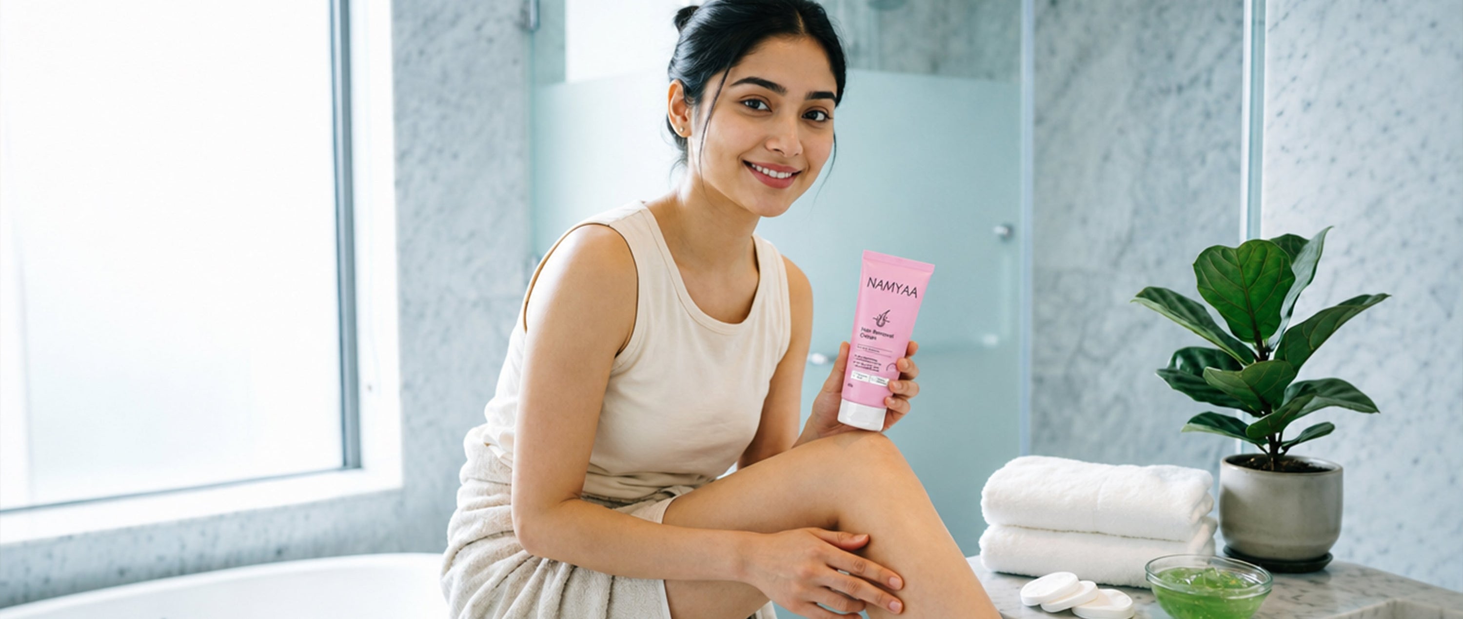 At-home body grooming routine featuring Namyaa Hair Removal Cream for gentle and painless leg hair removal, styled with natural aloe vera skin-soothing care.