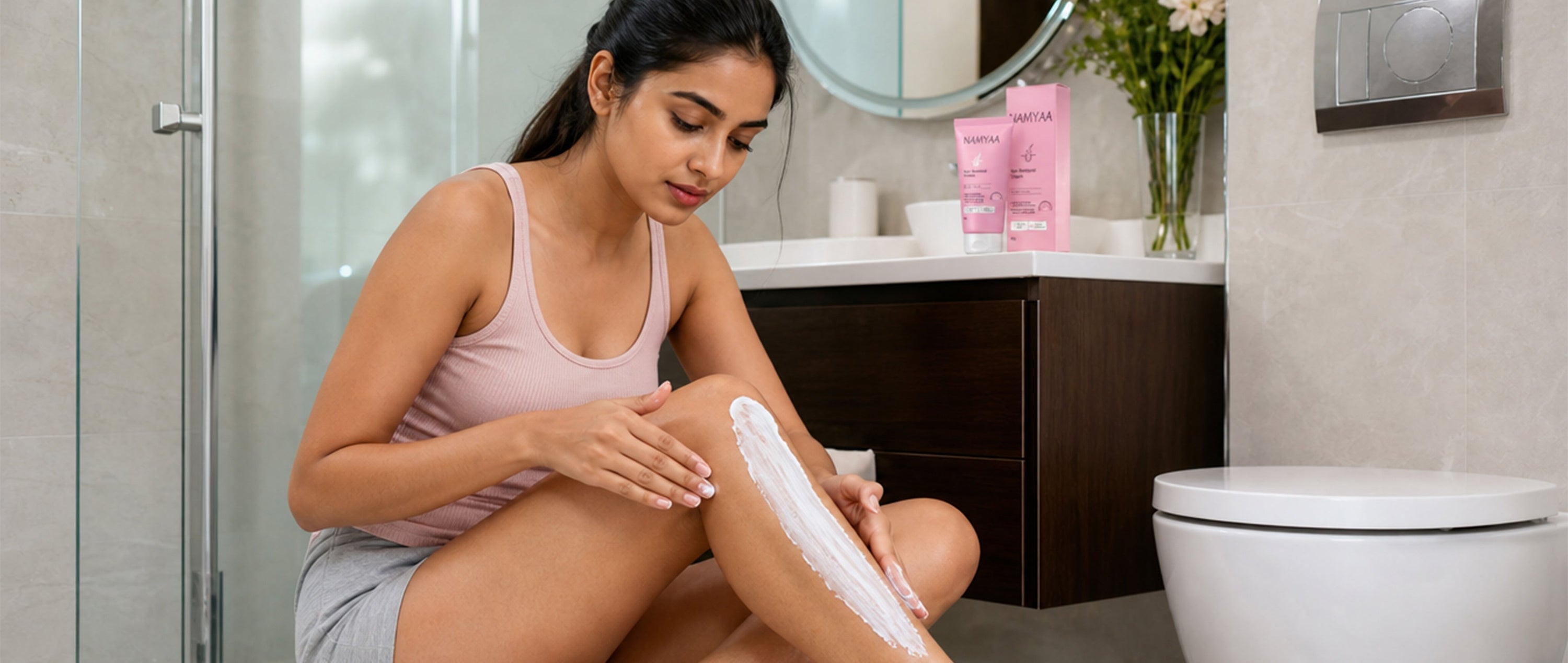  Woman applying hair removal cream to leg with visible caution — first-time use on sensitive skin