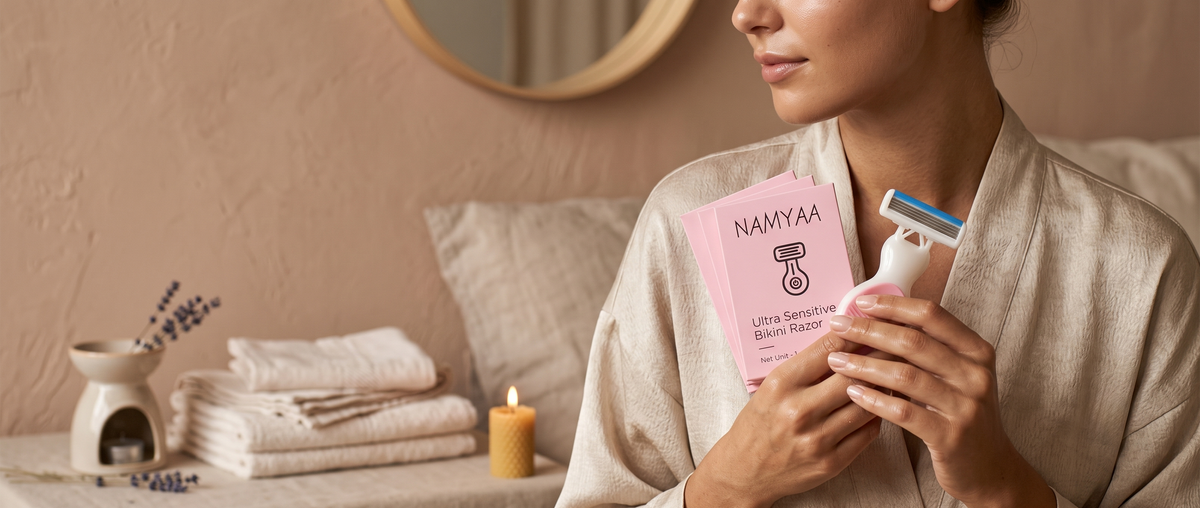 A woman in a satin robe holding the pink Namyaa Ultra Sensitive Bikini Razor and its matching pink box near her chest in a cozy room.