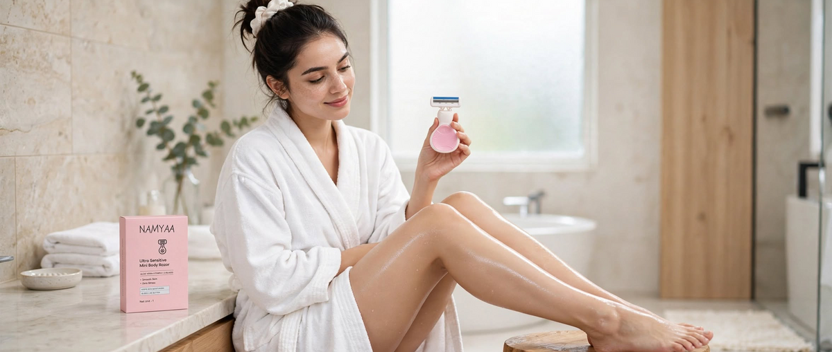 Namyaa Ultra Sensitive Mini Body Razor held by a woman in a bathrobe next to its pink product packaging.
