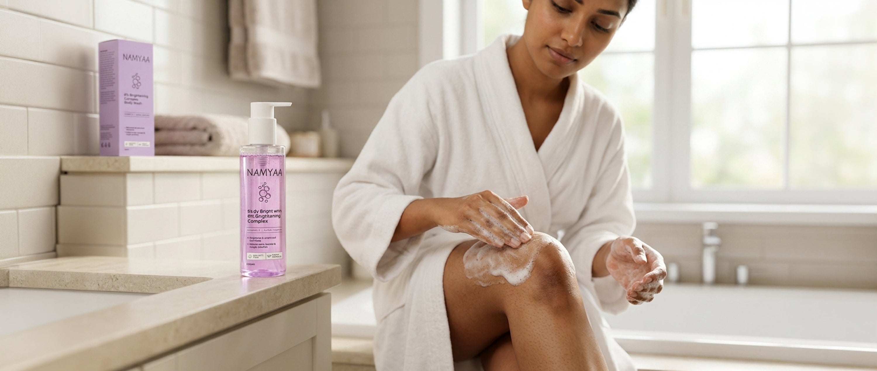  Indian woman applying niacinamide body lotion to dark elbow — brightening routine for body pigmentation