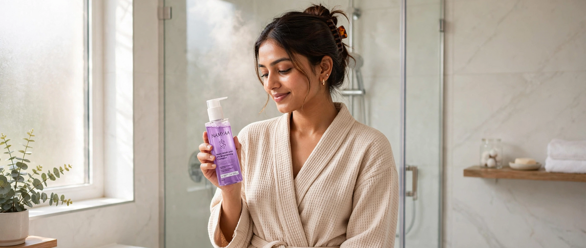 A young woman in a beige waffle robe holding a purple bottle of Namyaa Body Wash inside a bright bathroom with a glass shower in the background.