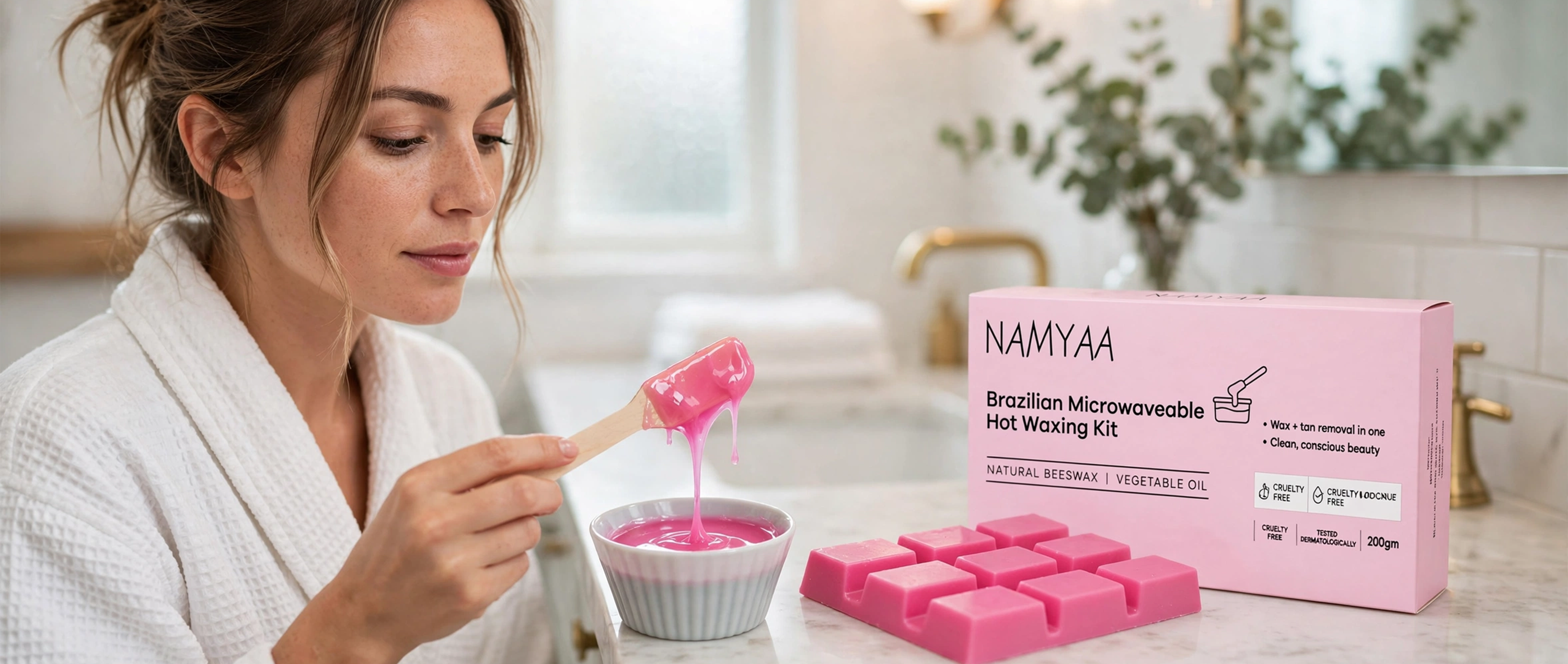 Namyaa Brazilian Microwaveable Hot Waxing Kit with natural beeswax block and melted pink wax for wax and tan removal.