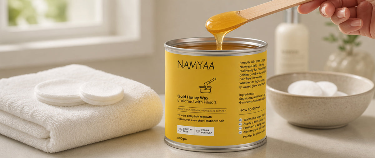 Namyaa Gold Honey Wax jar open showing golden wax texture — premium wax for glowing skin and body waxing at home