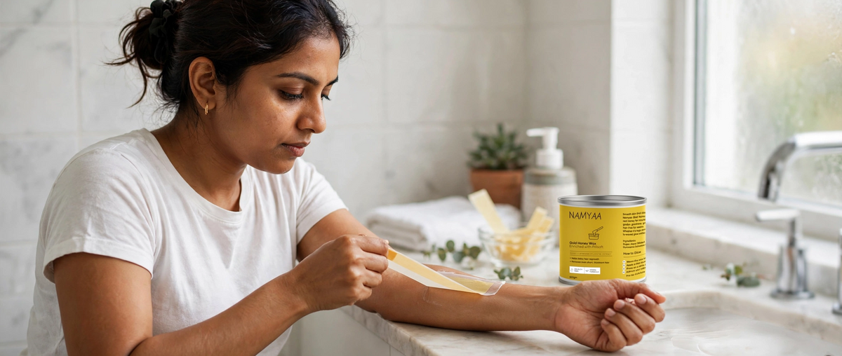 A woman applying a wax strip to her forearm next to a yellow tin of Namyaa Gold Honey Wax on a bathroom counter.