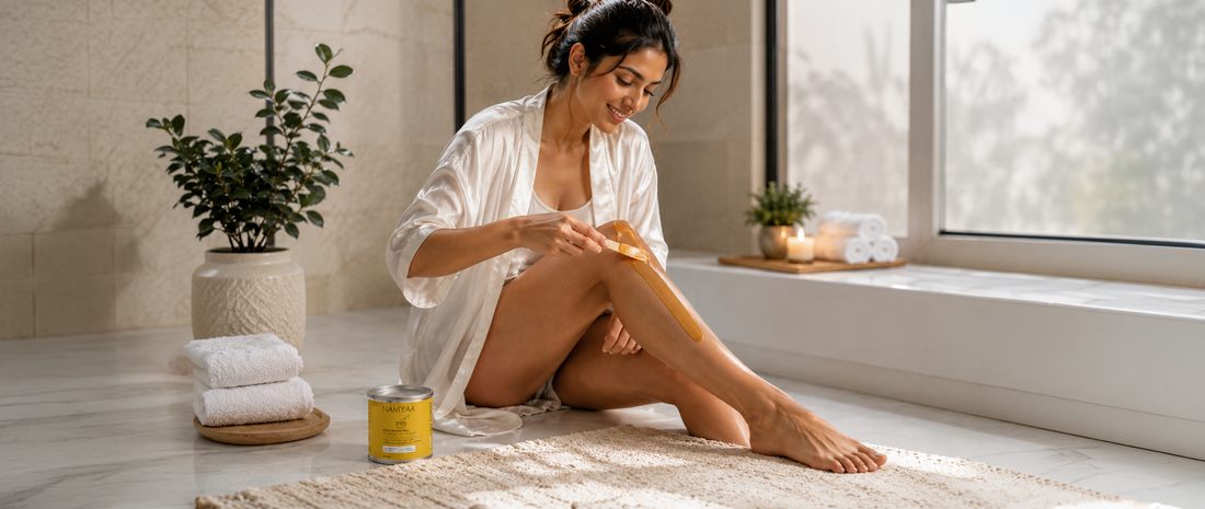 A smiling woman in a white satin robe sitting on a bathroom floor mat and using a wooden spatula to apply a layer of golden Namyaa Gold Honey Wax to her leg.