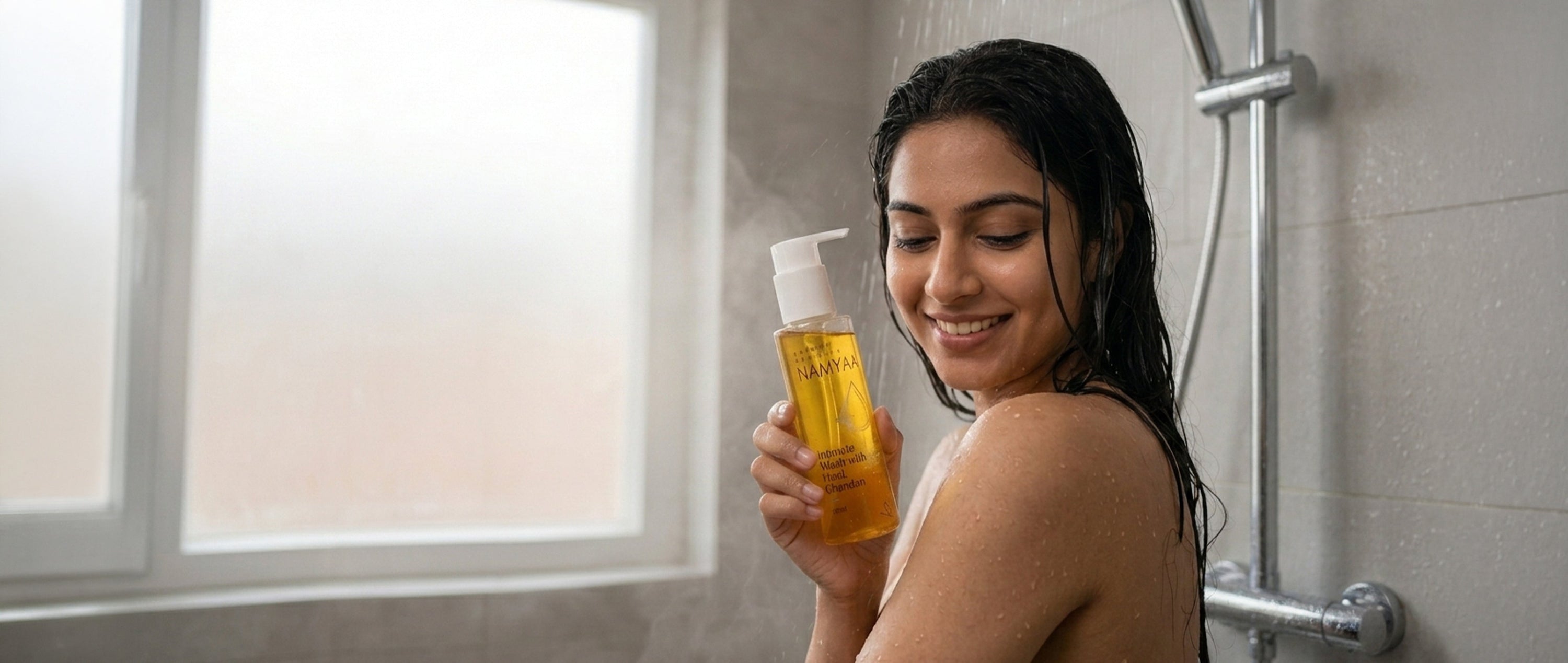 Woman holding gentle intimate wash in shower — avoiding soap and drying ingredients for sensitive intimate skin