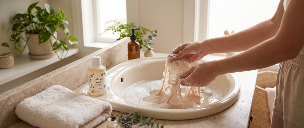A woman hand-washing lace underwear in a bathroom sink filled with soapy water next to a bottle of Intimate Wash.