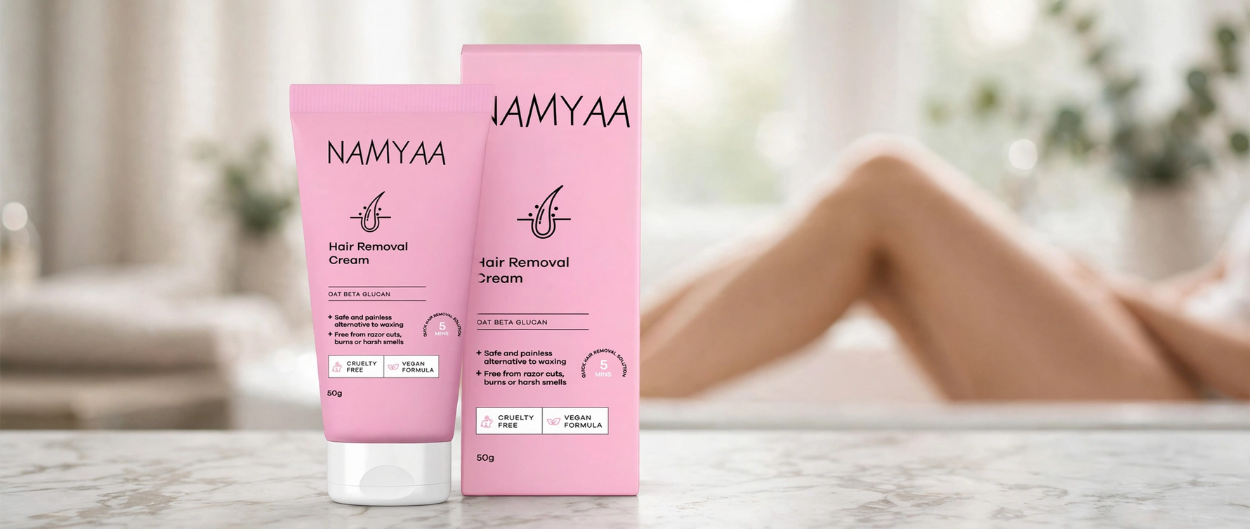 Namyaa Hair Removal Cream with Oat Beta Glucan vegan formula for painless hair removal displayed in a bathroom.