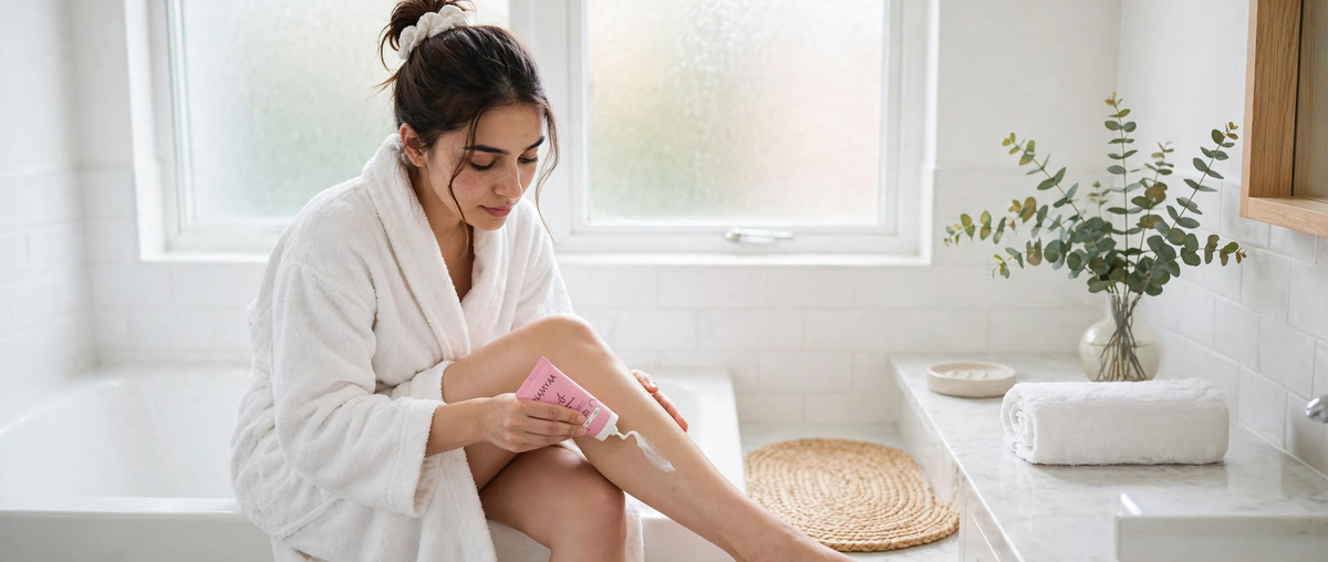 A woman applying Namyaa Hair Removal Cream with Oat Beta Glucan onto her lower leg for quick hair removal.