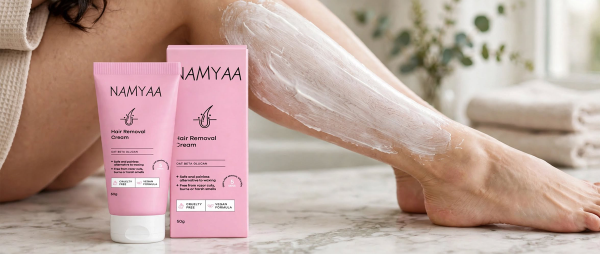 Namyaa Hair Removal Cream with Oat Beta Glucan applied on a leg for a fast, 5-minute painless hair removal process.