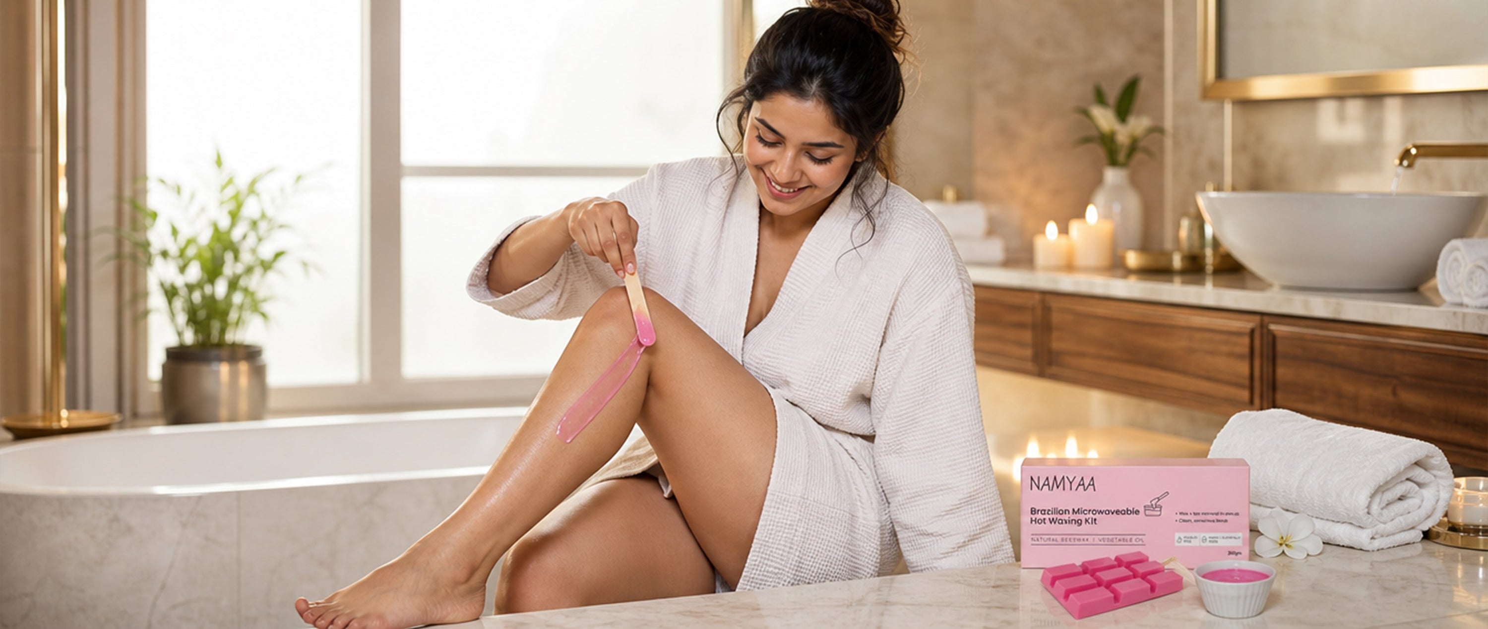 A smiling woman in a white waffle bathrobe applying pink wax to her leg using a wooden spatula, next to the Namyaa Brazilian Microwaveable Hot Waxing Kit on a marble bathroom counter.