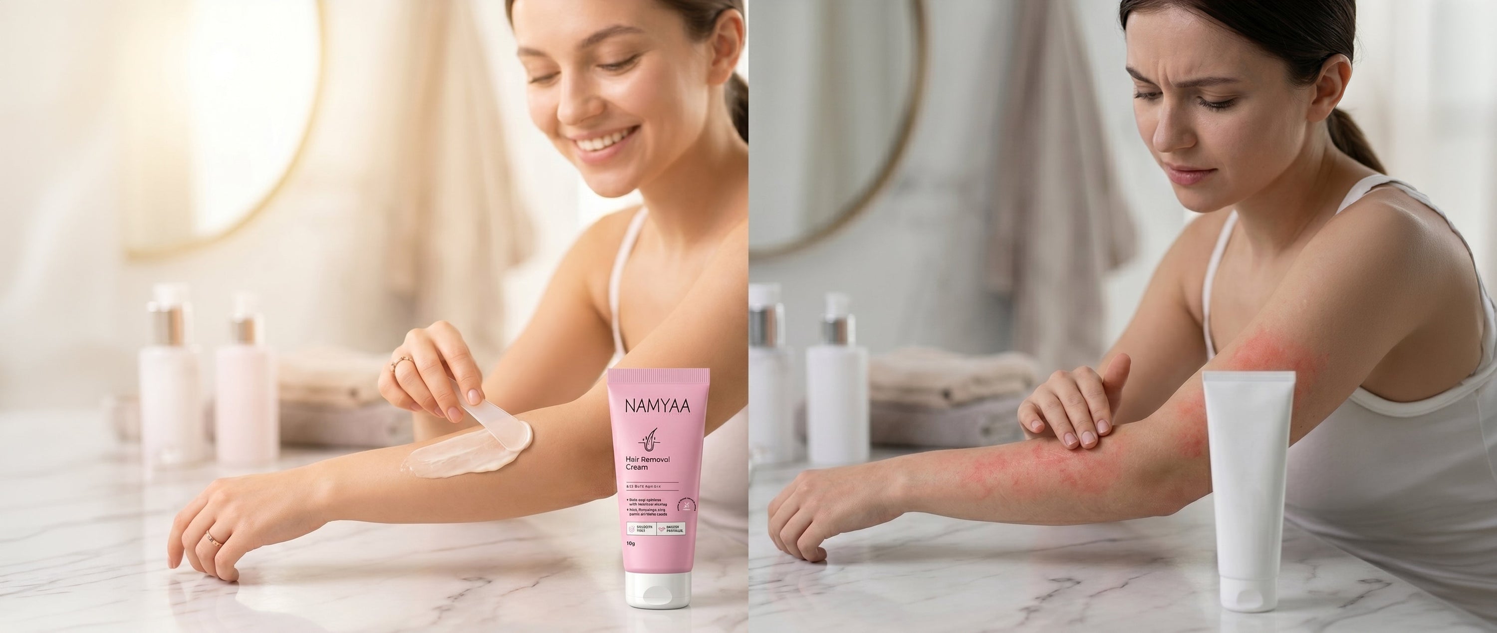 Namyaa Hair Removal Cream vs other hair removal creams — woman applying Namyaa cream smoothly on arm (left) vs woman experiencing redness and irritation from a regular cream (right)