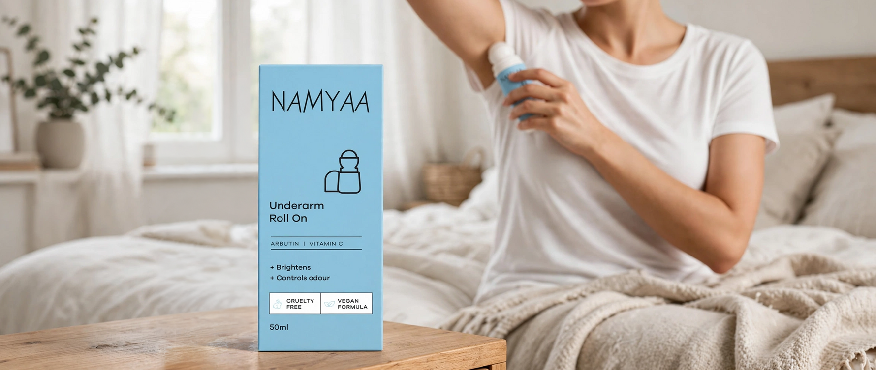 Namyaa Underarm Roll On box featuring Arbutin and Vitamin C for brightening and odor control.