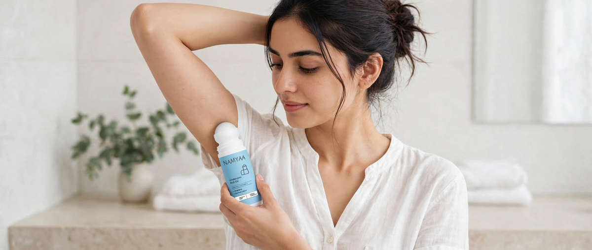 A woman applying Namyaa Underarm Roll On with Arbutin and Vitamin C for underarm brightening and odor control.