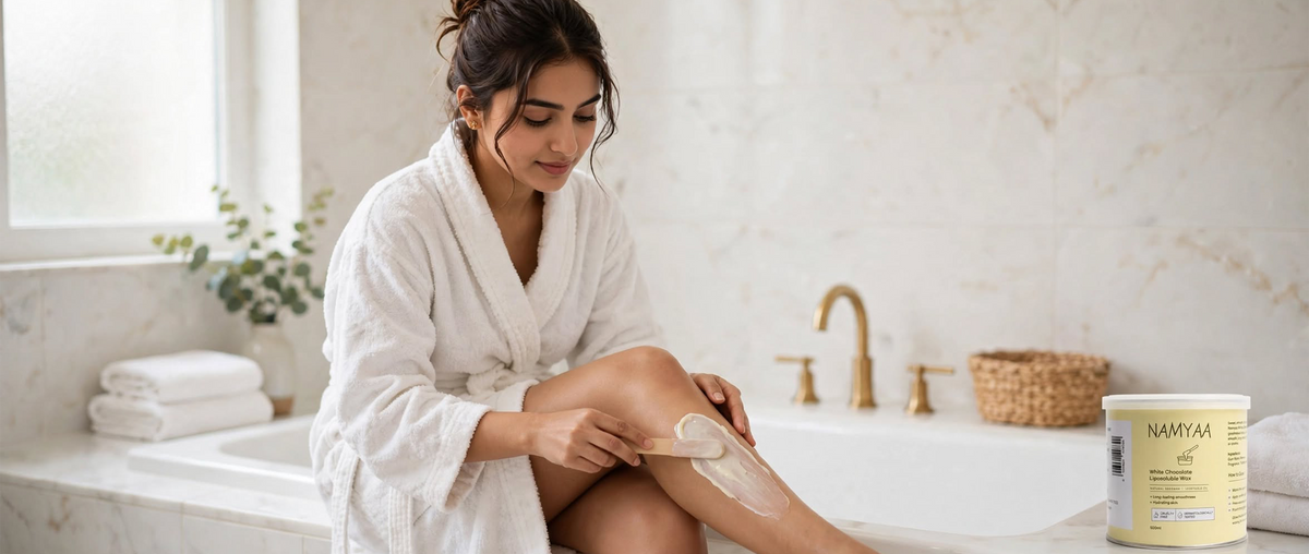 Namyaa White Chocolate Liposoluble Wax applied on legs with a wooden spatula for long-lasting smoothness.