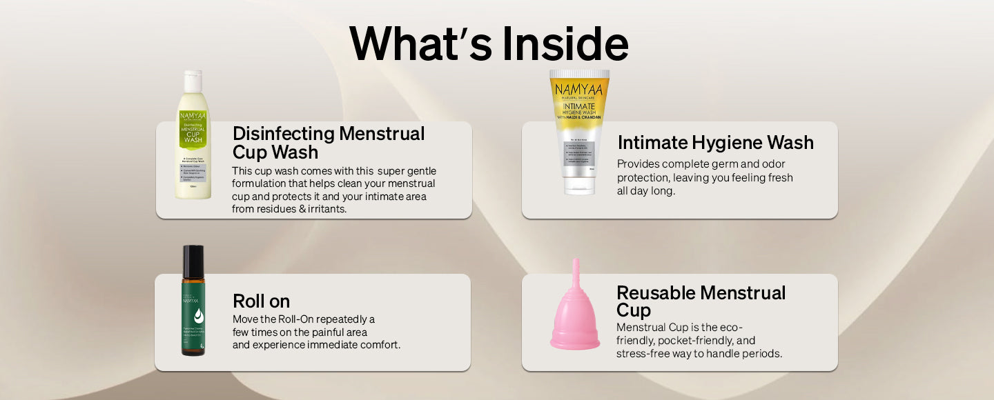 Period Care Kit | Pack of 1 Menstrual Cup with Free Menstrual Cup Wash, Haldi Chandan Intimate Hygiene Wash & Period Cramp Roll on